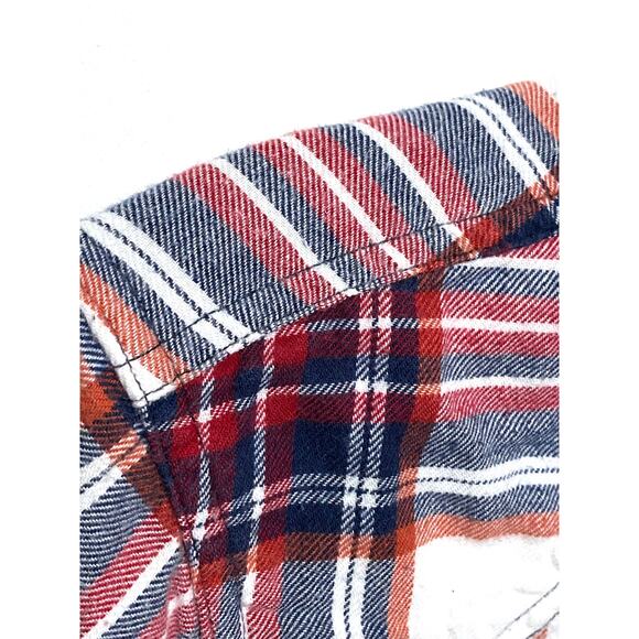 BDG Plaid Striped Red White Blue Button Down Shirt Flap Front Pockets Womens M - Picture 4 of 8